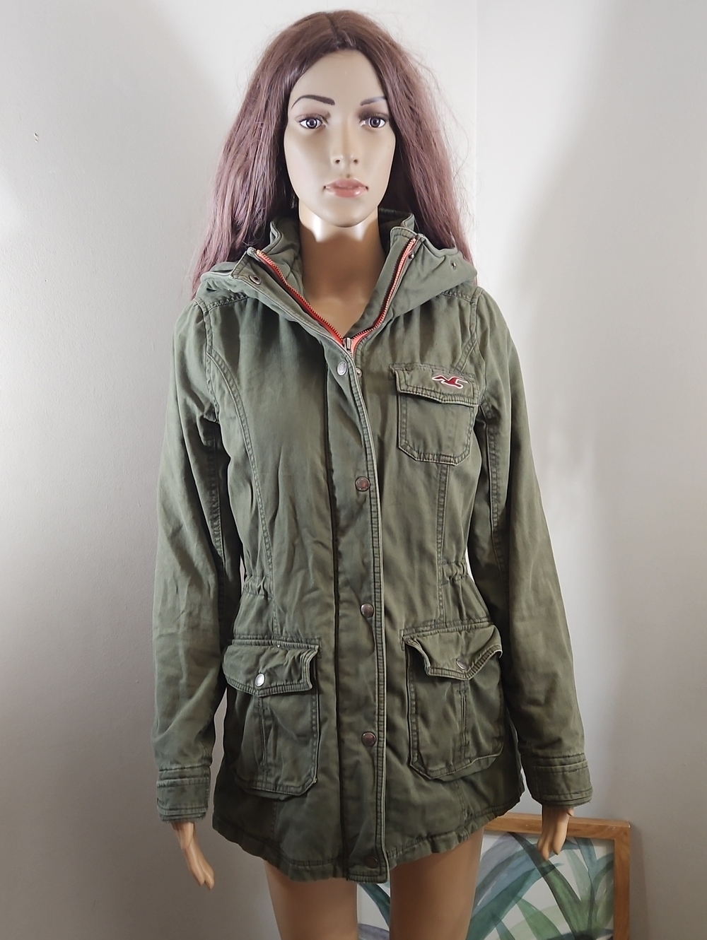 Hollister Olive Utility Hooded Jacket with Orange Trim